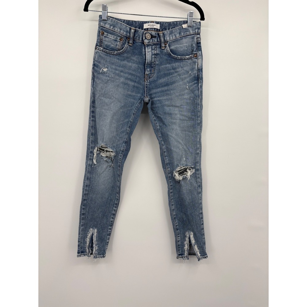 MOUSSY VINTAGE Distressed Blue Denim Jeans High Rise Skinny Cut Raw Hem Size 25